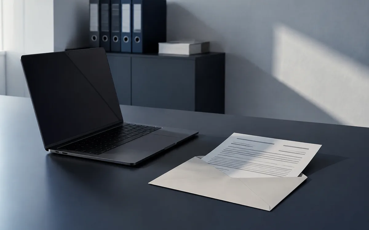 Lettera formale accanto a un computer portatile aperto su una scrivania ordinata.