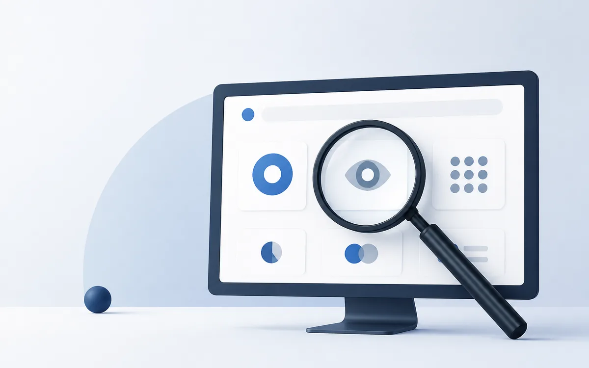 Magnifying glass placed on a screen displaying a set of interface icons without text labels: search, cart, close, chevrons, hamburger menu, and social media icons.