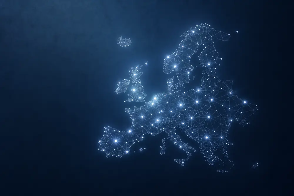 Stylised map of the European continent, drawn with points of light linked to one another.