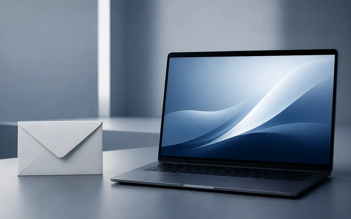 Busta formale appoggiata su una scrivania accanto a un laptop aperto.