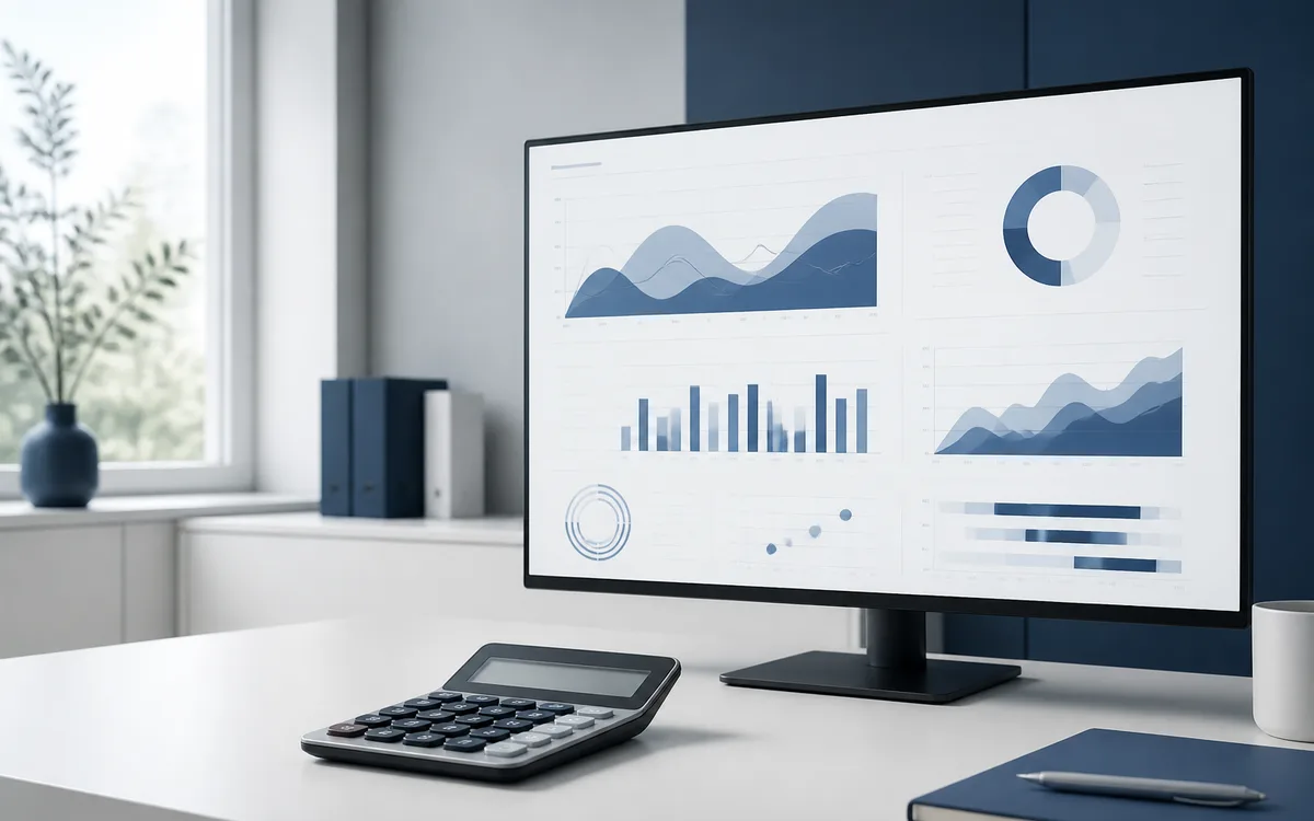 Rekenmachine naast een scherm dat een gestileerd analyseverslag toont.