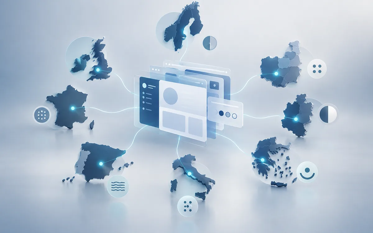 Illustration d’une boutique en ligne reliée à plusieurs pays de l’Union européenne, chacun identifié par son texte national d’accessibilité.