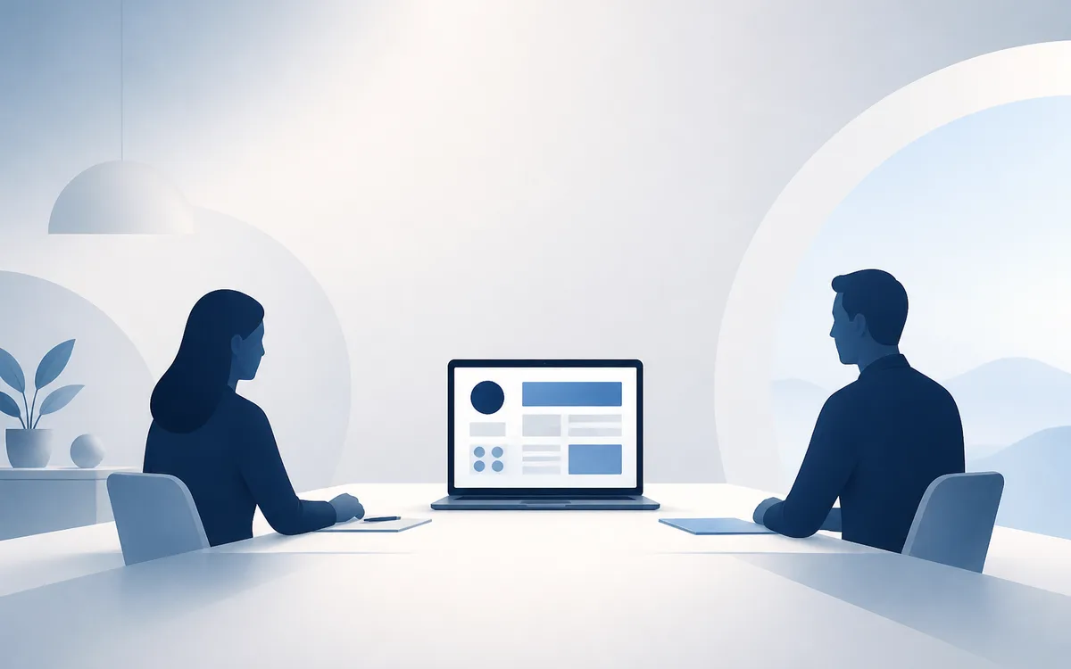 Zwei Personen in einem Meeting um einen Laptop mit einer Website-Mockup-Ansicht.