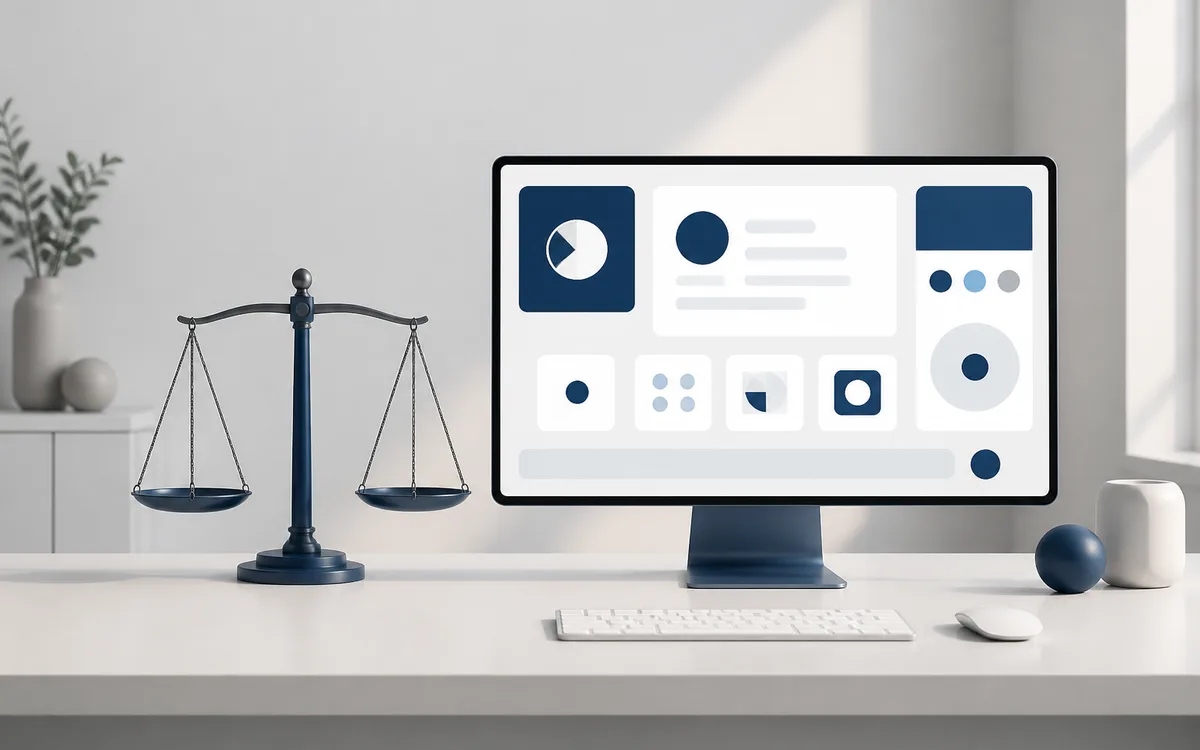 Balance de la justice posée à côté d'un écran affichant une interface web accessible, sur un bureau épuré.